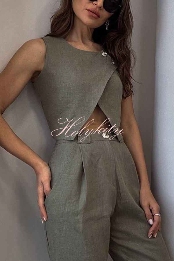 Balvin Linen Blend Cross Button Neck Crop Vest and High Rise Pocketed Pants Set