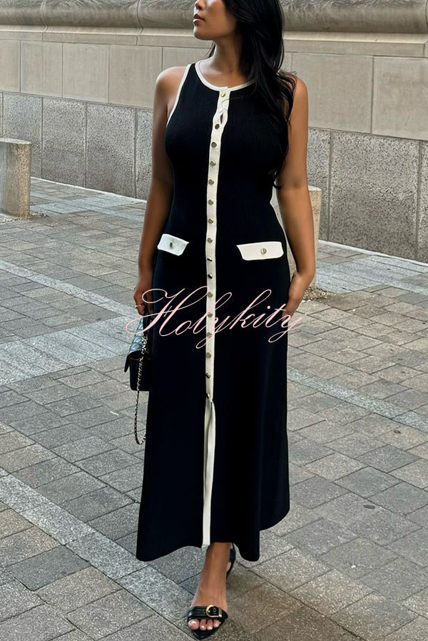 Elegant Slim Fit Crew Neck Buttoned Sleeveless Knit Midi Dress