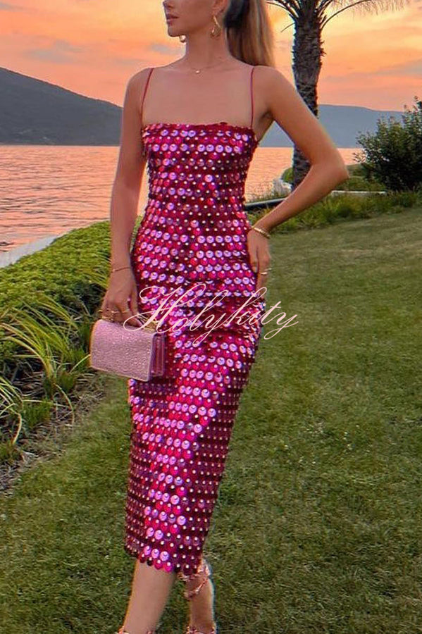 Glamour Glow Sequin Spaghetti Strap Birthday Party Midi Dresses