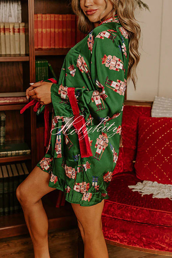 Christmas Dreaming Satin Nutcrackers Print Velvet Trim Elastic Waist Pocketed Pajama Shorts Set