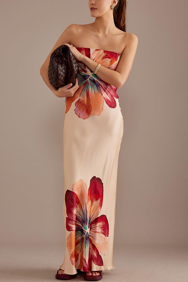 Charming Lady Satin Floral Print Bandeau Loose Maxi Dress