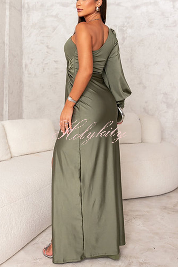 Country Party Charm Satin One Shoulder Twist Detail Slit Maxi Dress