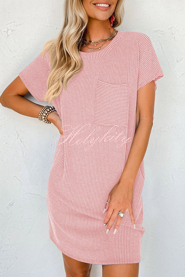 Casual Solid Color Striped Short-sleeved Pocket Mini Dress