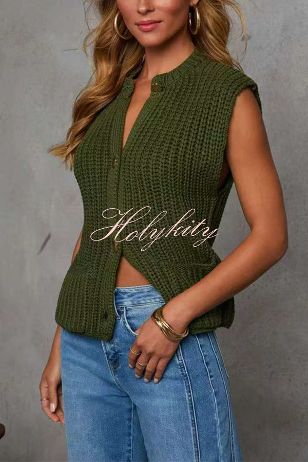 Solid Color Sleeveless Button Pocket Knit Vest