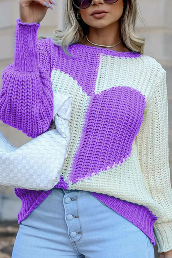 Round Neck Bell Sleeves Heart Contrast Knitted Long Sleeved Sweater