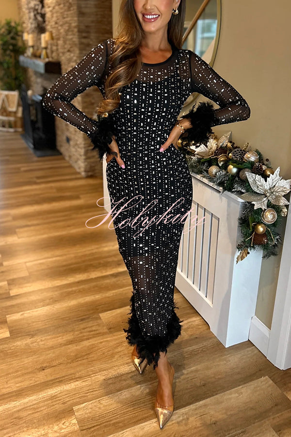 Sexy Long Sleeve Round Neck Feather Edge Rhinestone Decoration Slim Fit Maxi Dress