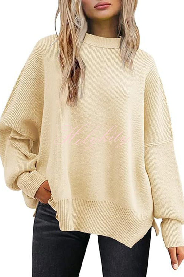 Distressed Knit Side Slit Long Sleeve Pullover Sweater