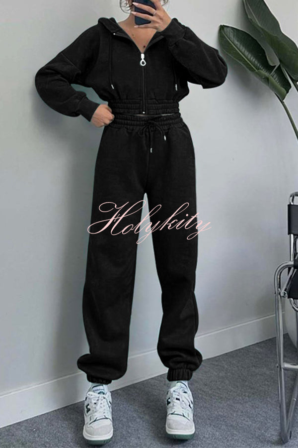 Hooded Zip Up Waist Sweatshirt and Elastic Waist Lace Up Pants Set