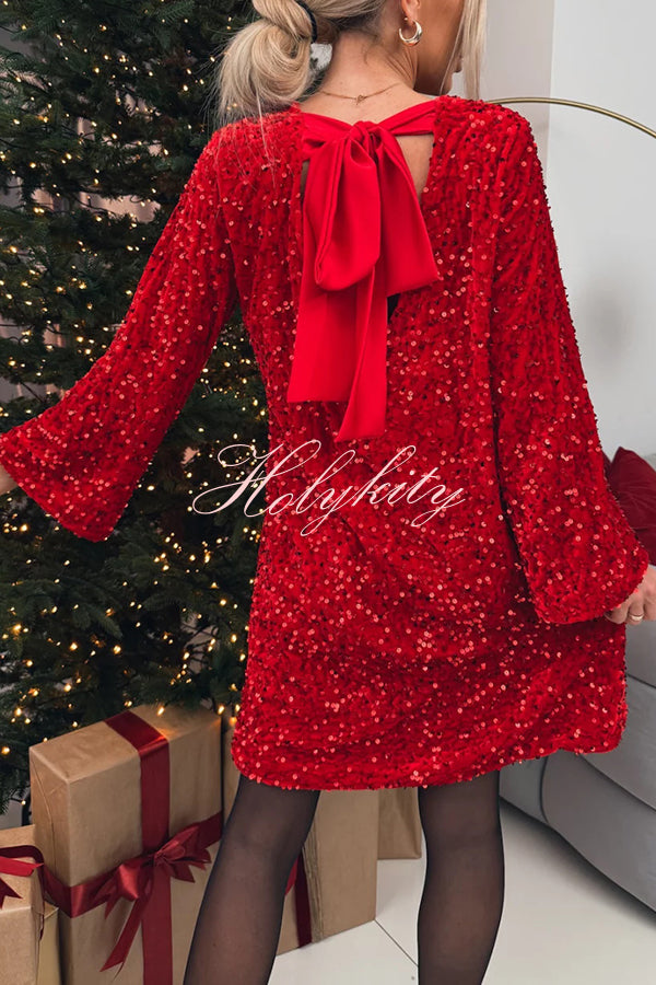 Velvet Sequin Back Bow Bell Sleeves Loose Mini Dress