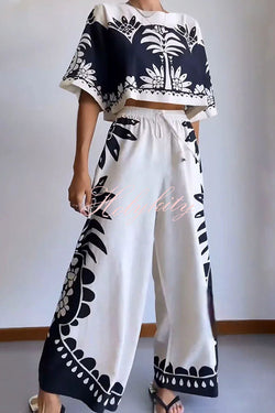 Exotic Holiday Ethnic Print Loose Top and Elastic Waist Wide Leg Pants Set