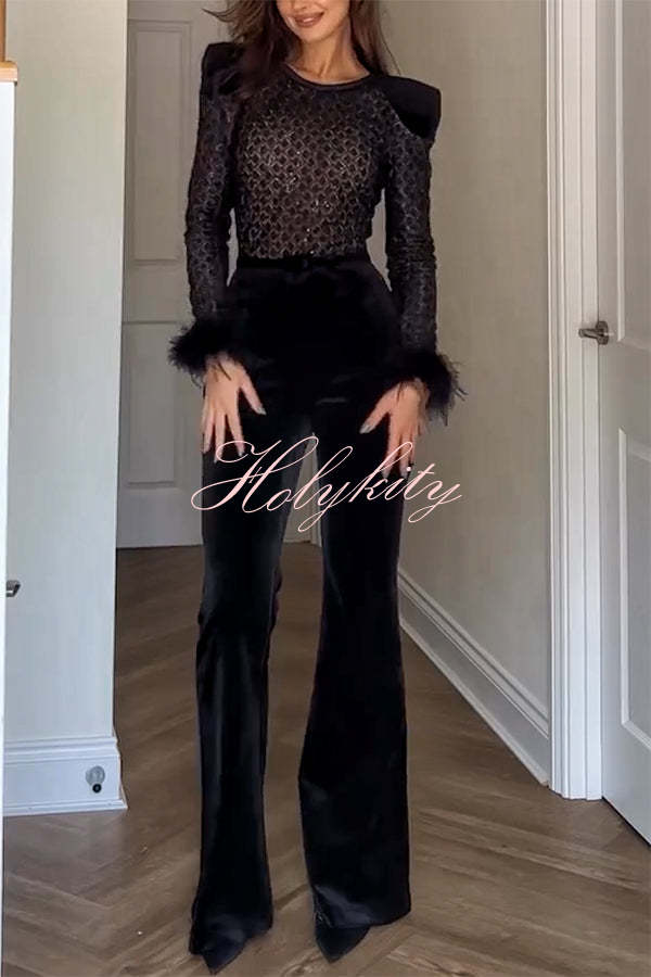 Monique Fish Scale Lace Sequin Velvet Patchwork Feather Trim Belted Stretch Flare Jumpsuit