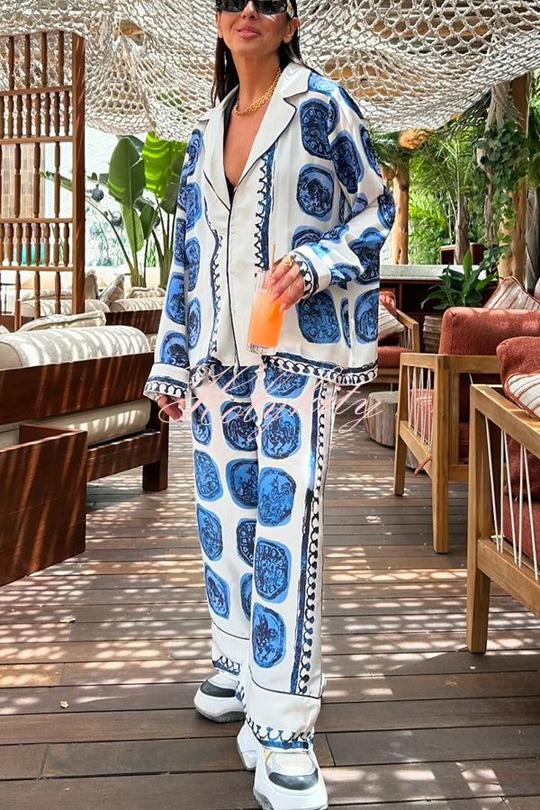 Love The Deep Sea Unique Print Long Sleeve Loose Shirt and Elastic Waist Pants Set