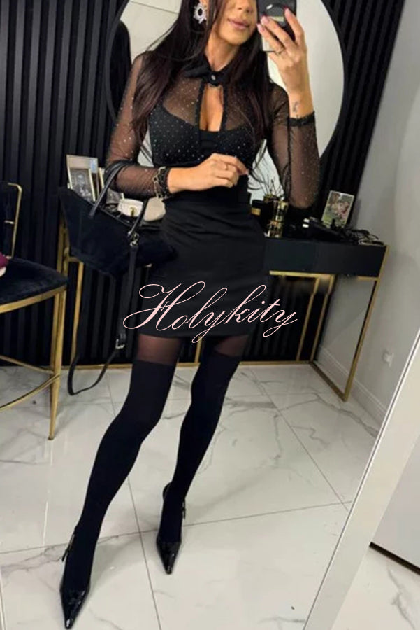 Stevie Mesh Glitter Fabric Cutout Shirt Neck Long Sleeve Stretch Mini Dress