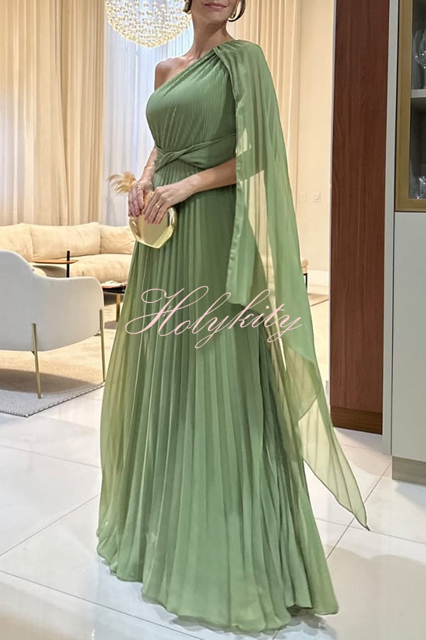 Kate Pleated One Shoulder Drape Sleeve Twist Waist Maxi Dress