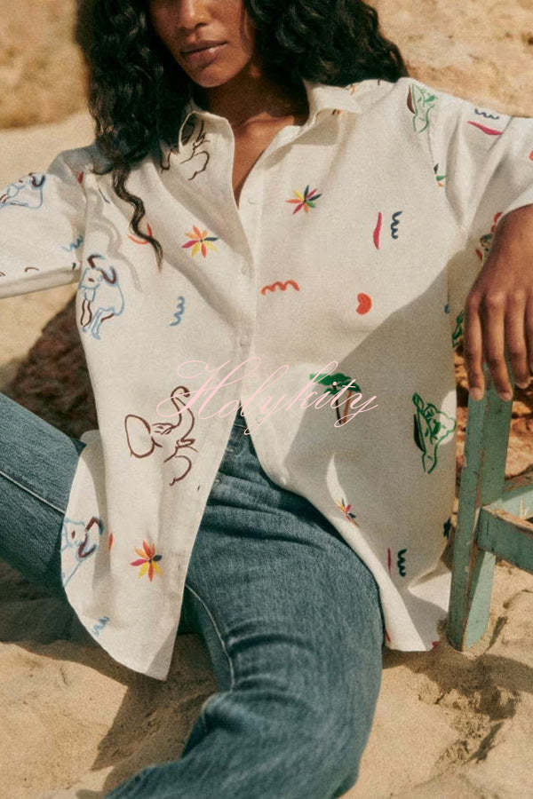 Joyful Color Linen Blend Unique Print Button Long Sleeve Loose Blouse