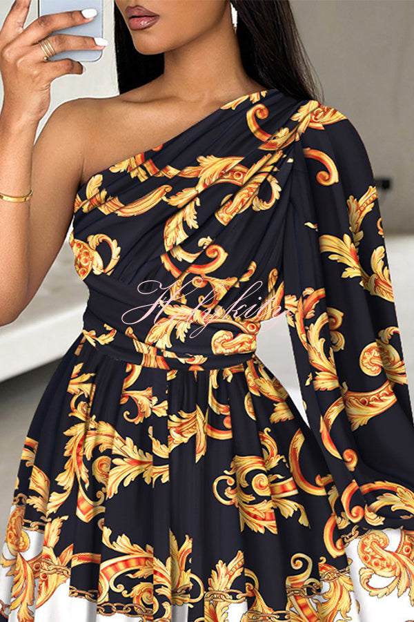 Stylish Printed One Shoulder Tighten Waist Mini Dress