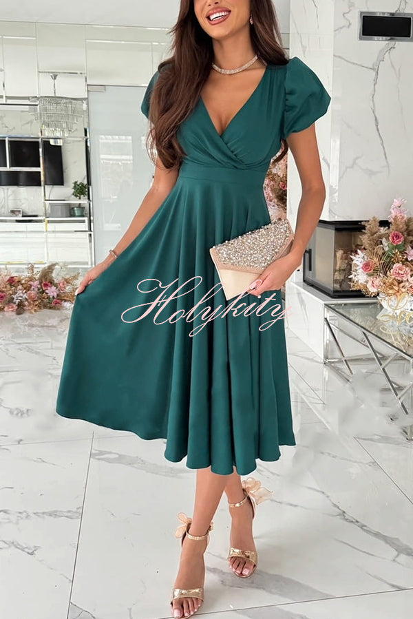 Zayla Solid Color Puff Sleeve V-neck Waist Slim Fit Midi Dress