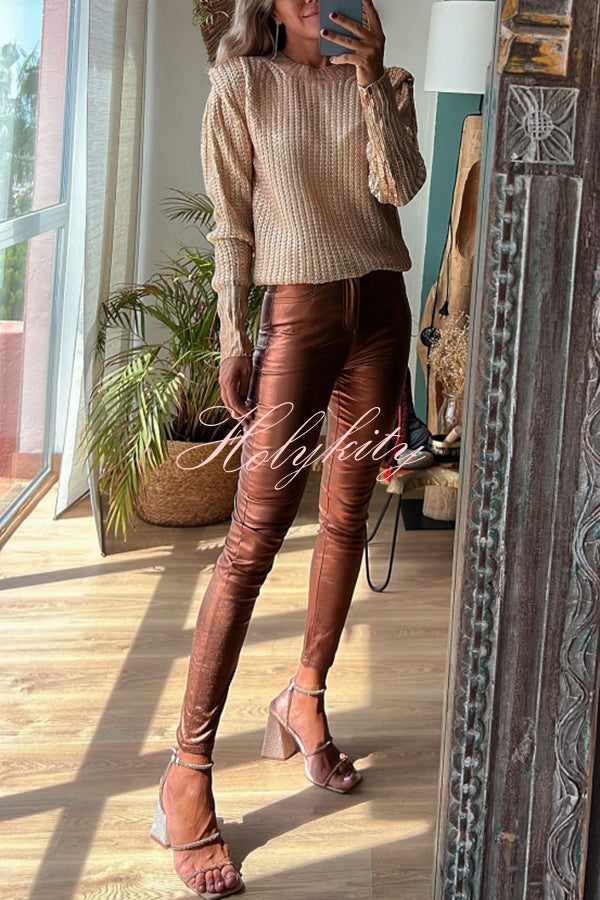 Sweet and Glitzy Metallic Color Pocket Faux Leather Stretch Pants