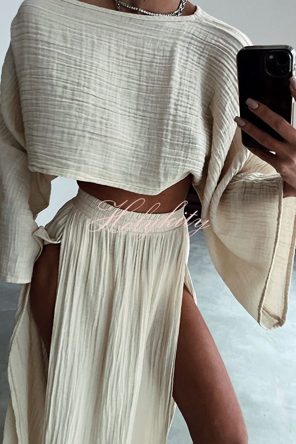 Boho Beach Linen Blend Wide Sleeve Blouse and Elastic Waist Double Slit Skirt Set