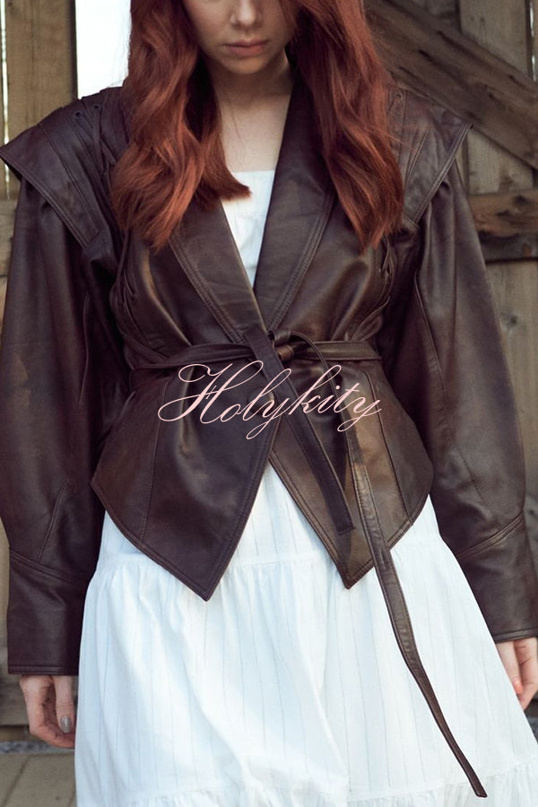 Street Warrior Faux Leather Distressed Style Lace-up Lapel Belt Oversized Jacket