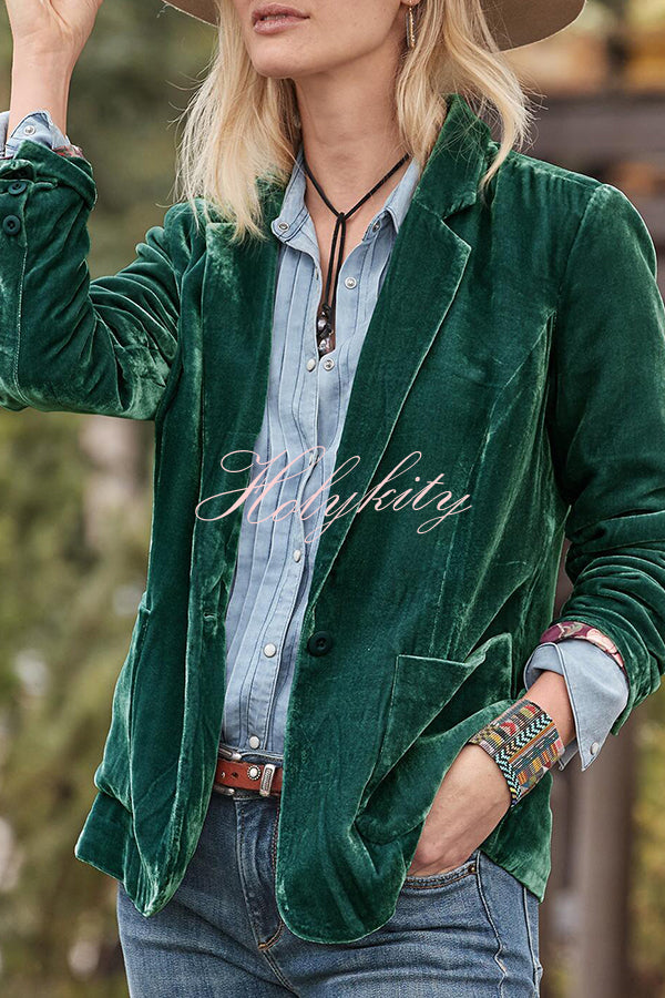 Solid Velvet One Button Long Sleeve Blazer