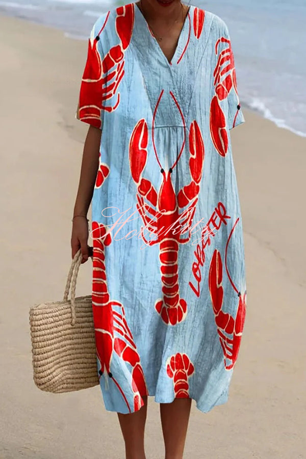 Unique Marine Print V-neck Short-sleeved Midi Dress