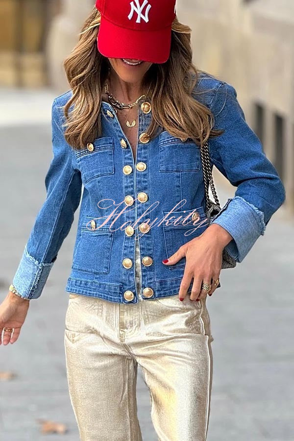 Fashionable for Fall Denim Metal Buttons Pocket Relaxed Jacket