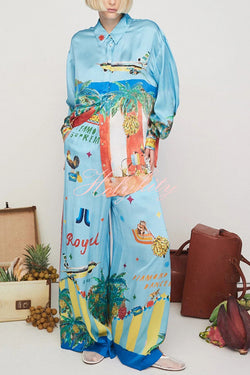 Vacation Flights Satin Unique Print Elastic Waist Pocketed Wide Leg Pants