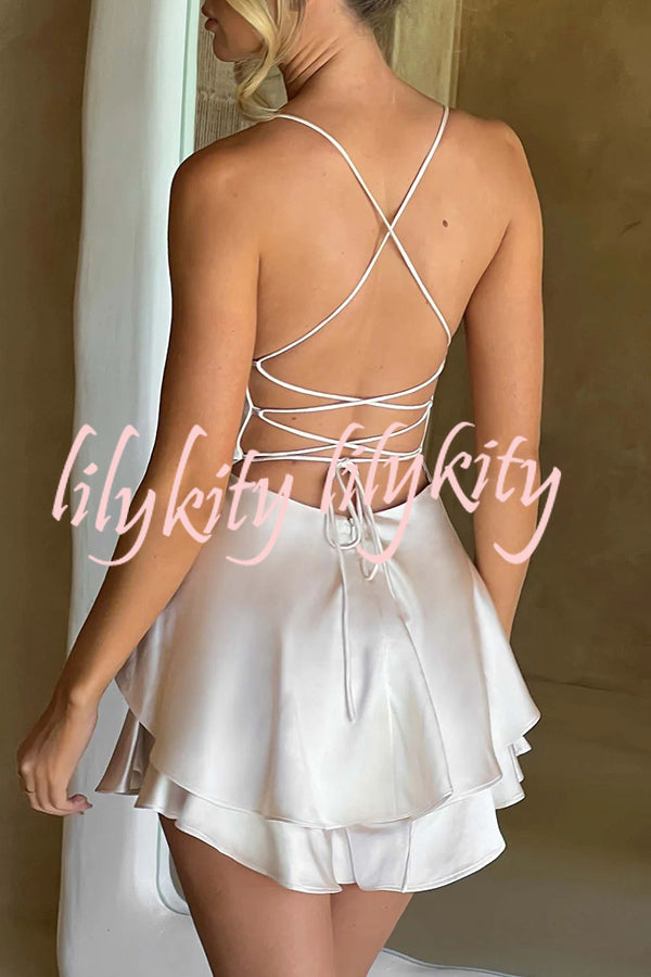 Ruffled Elegant Satin Strappy Satin Backless Lace Up Mini Dress