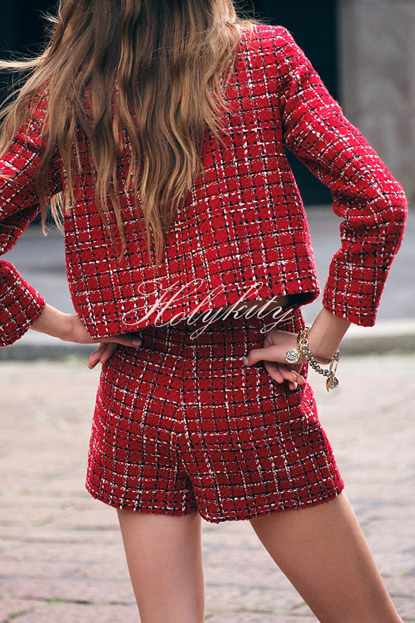 Tweed Plaid Textured Long-sleeved Casual Pocket Jacket