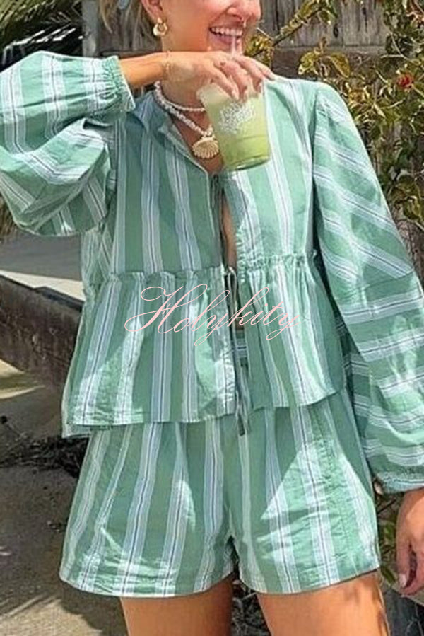Stylish Striped Print V-neck Tie Top and Elastic Waist Loose Shorts Set