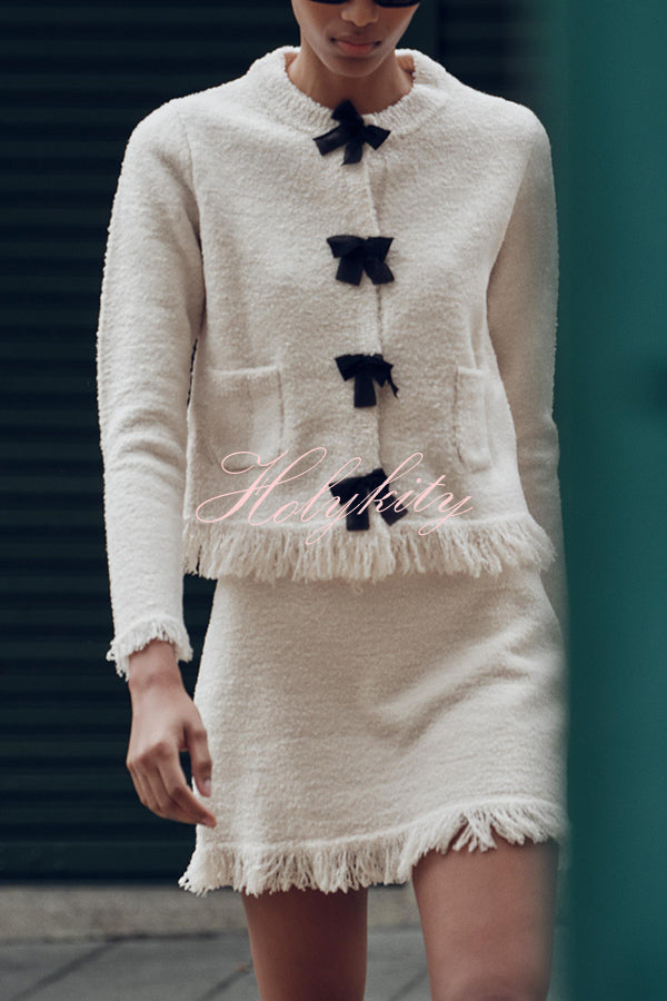 Fashion Round Neck Long Sleeve Bow-decorated Pocket Knitted Jacket