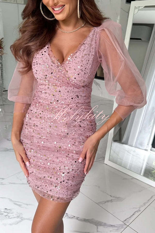 Lost in Your Eyes Mesh Sequin Balloon Sleeve Ruched Stretch Party Mini Dress