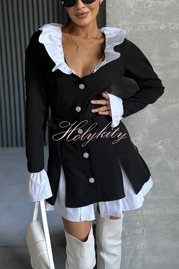 Altair Contrast Ruffled Shirt Patchwork Button Pleated Blazer Mini Dress