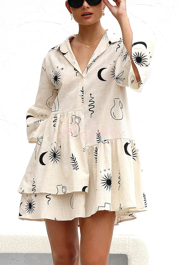 Shelby Unique Print Bell Sleeve Smock Style Tiered Shirt Mini Dress