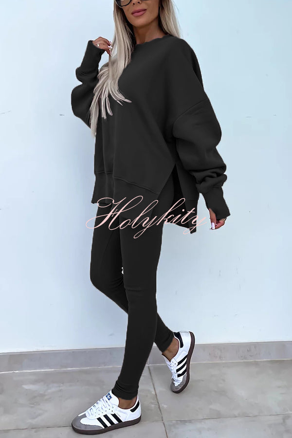 Solid Color Loose Long Sleeve SlitSweatshirt and Elastic Waist Tight Pants Set