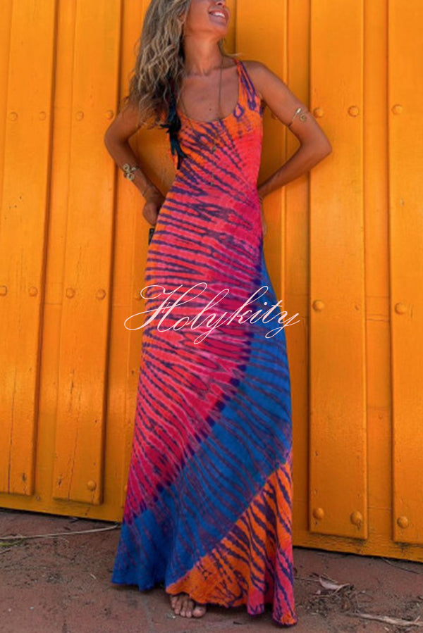 La Bamba Tie-dye Print Back Lace-up Stretch Maxi Dress