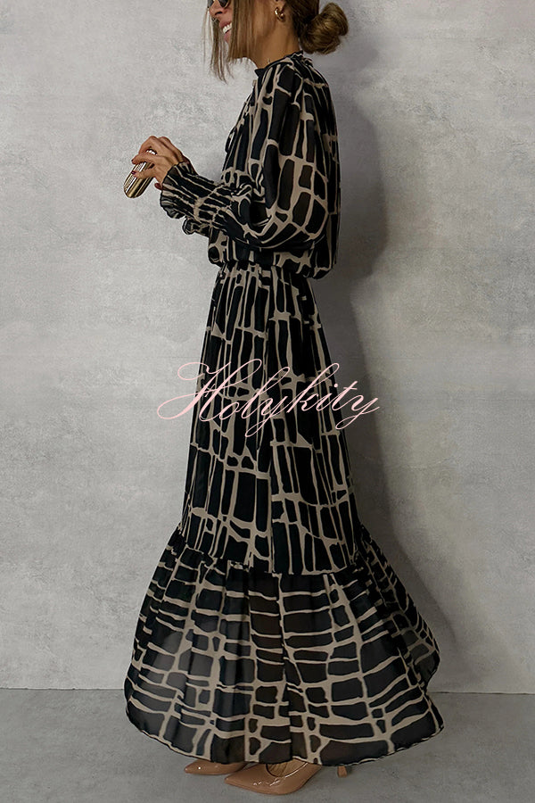 Unique Printed V-neck Tie-up Waist Long-sleeve Maxi Dress