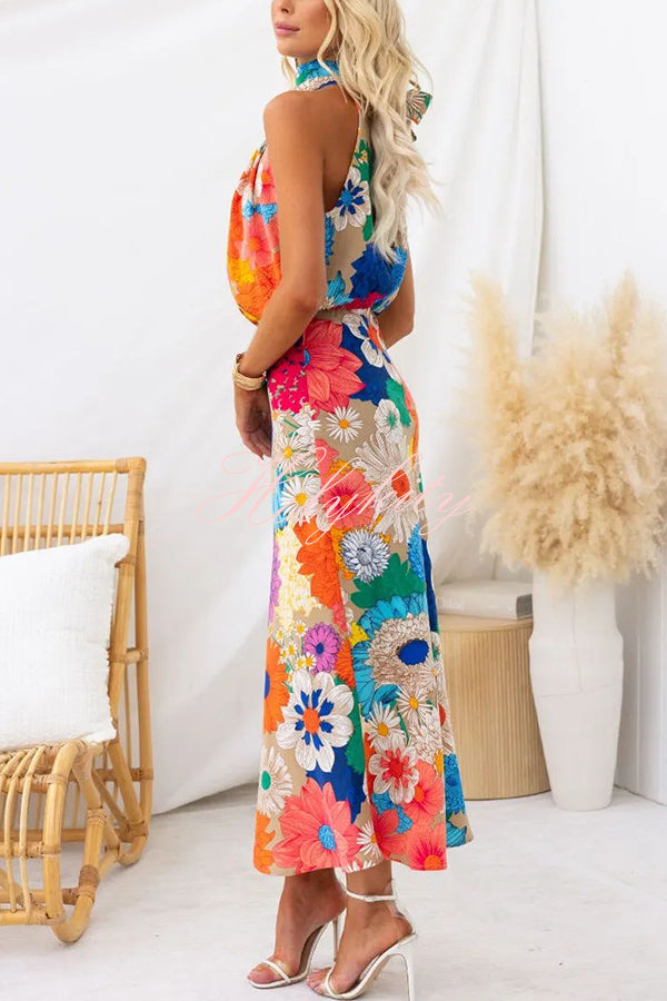 Land of Beauty Floral Print Halter Neck Elastic Waist Party Maxi Dress