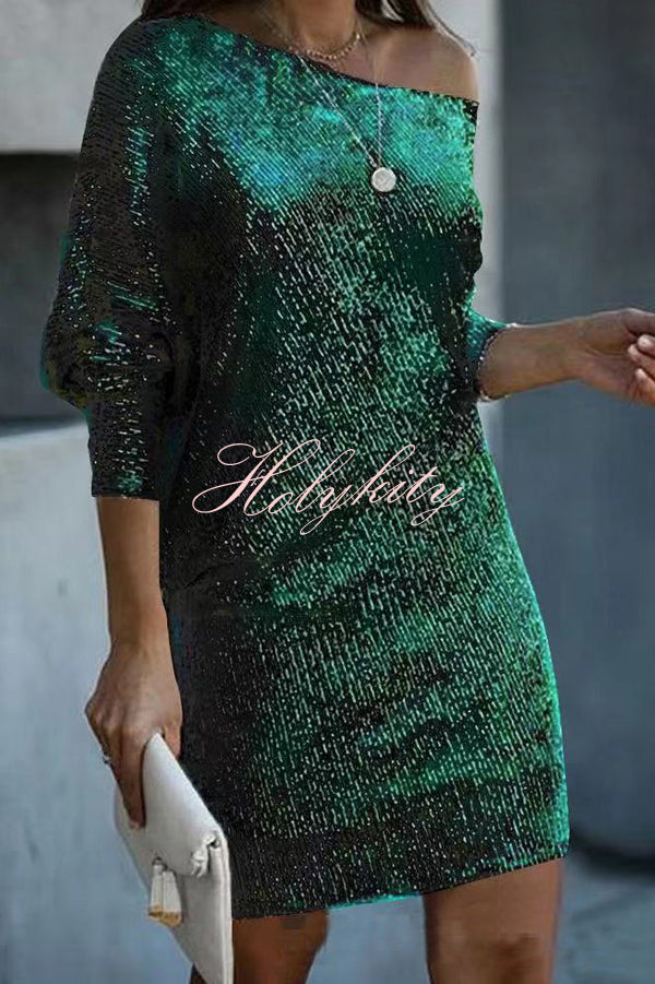 Solid Sequined Off-shoulder Loose Mini Dress