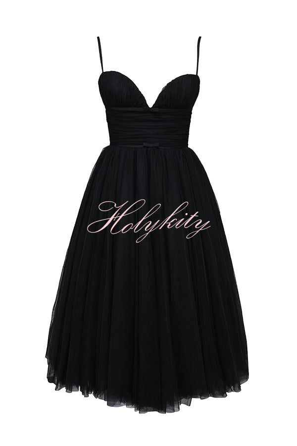 Royal Treatment Tulle Bows Detail Ruched Slip Midi Dress