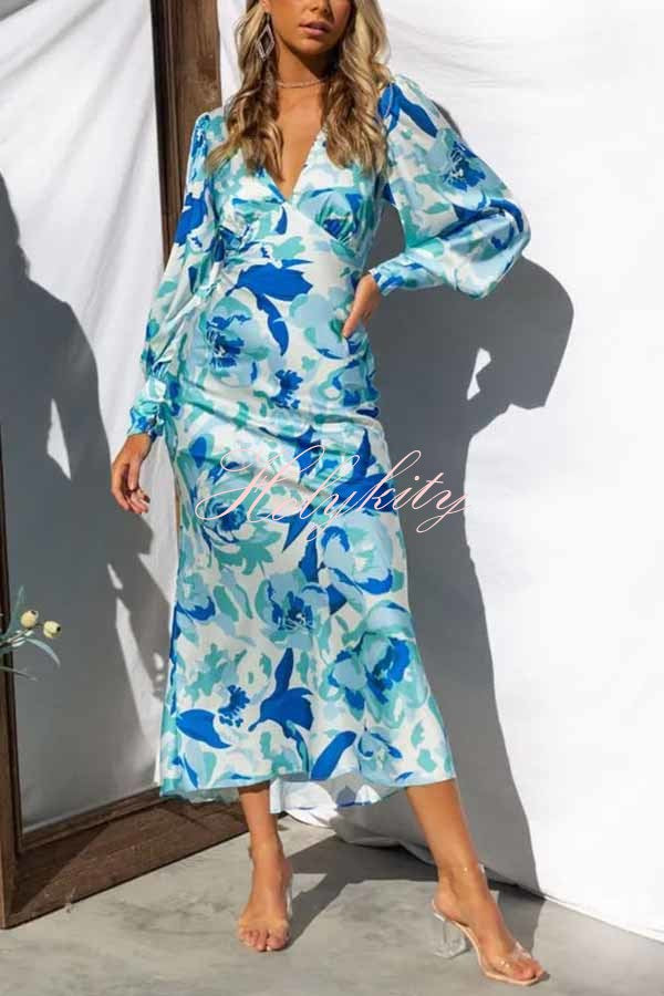 Chic Bouquet Floral Satin Elastic At Back Midi Dress