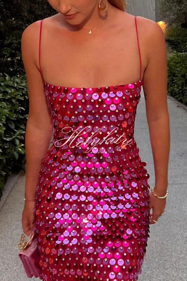 Glamour Glow Sequin Spaghetti Strap Birthday Party Midi Dresses