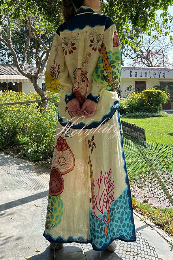 Mysterious Ocean Linen Blend Unique Print Button Down Oversized Blouse