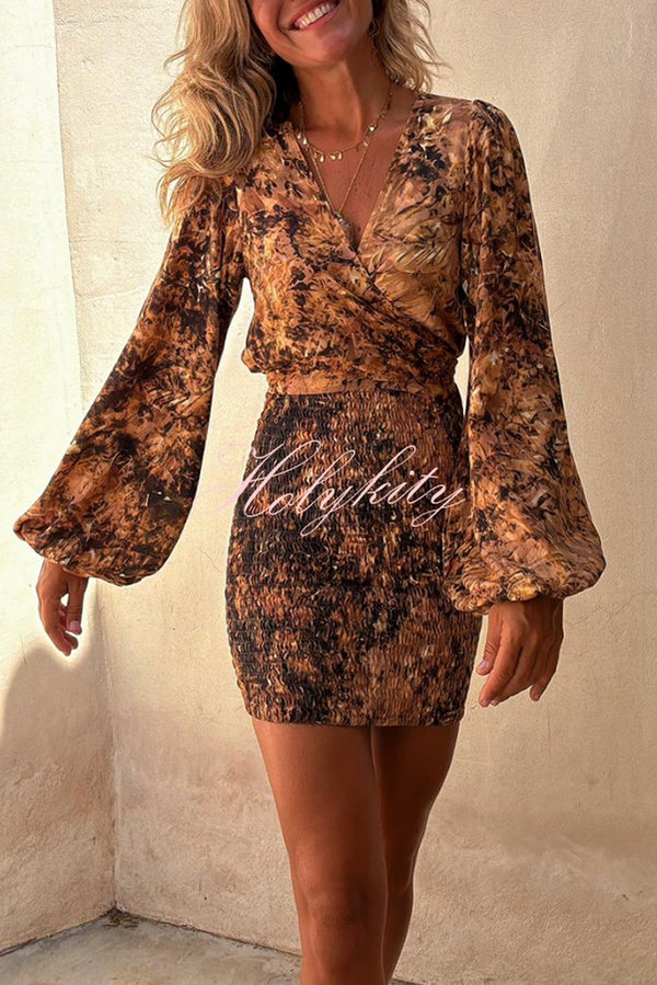 Felisa Unique Print Balloon Sleeve Tie-up Smocked Stretch Mini Dress