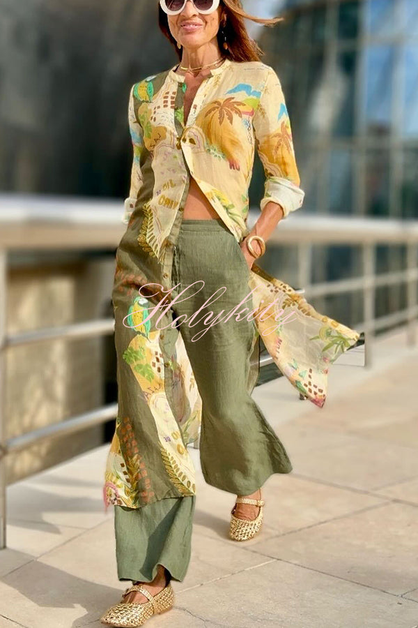 Cayla Linen Blend Unique Print Button Long Sleeve Shirt Midi Dress