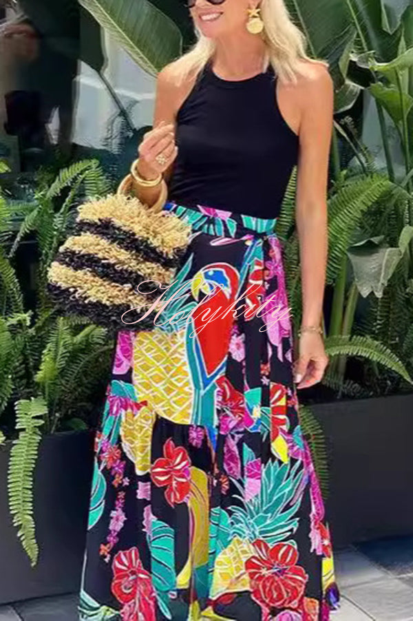 Tropical Flowers and Birds Print Loose Holiday Maxi Skirt