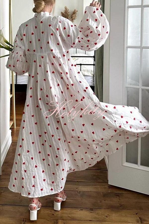 Cute Heart Print Puff Sleeve Loose Shirt Style Maxi Dress