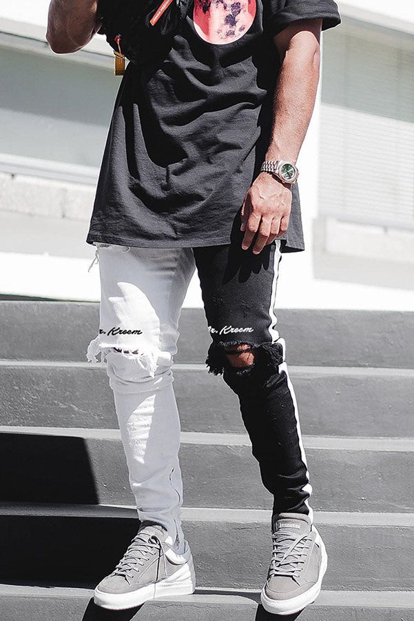 Street Style Contrast Color Destroyed Pants