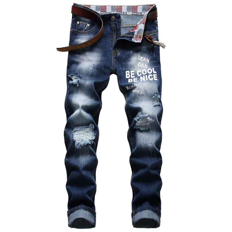 Fashion Hole Letter Print Jeans